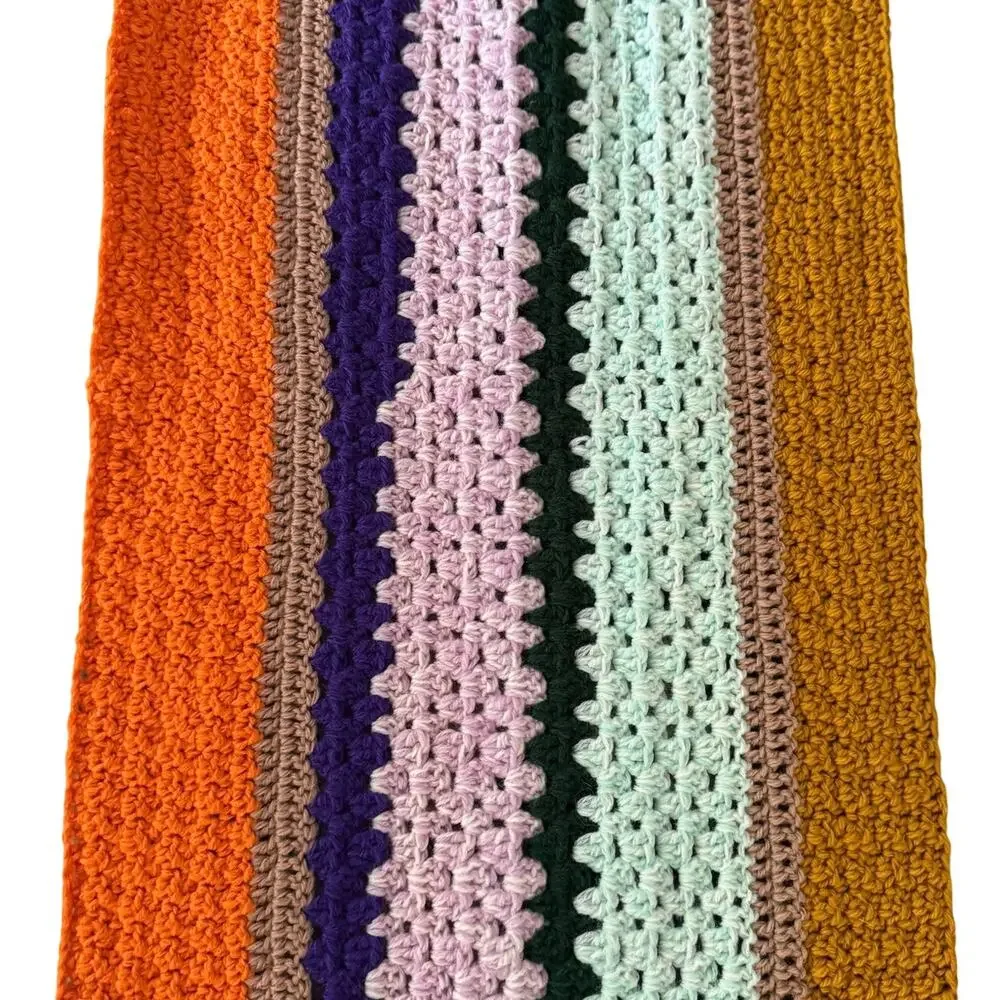 Vintage Striped Boho Crochet Table Runner 15x56 Inches Orange Gold Purple Green